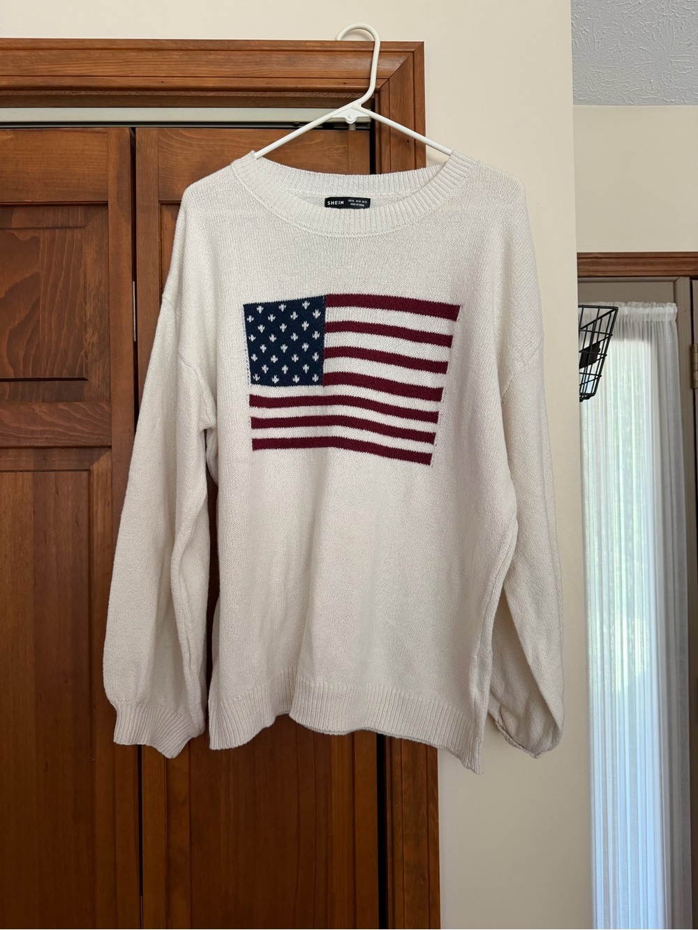 SHEIN Cream Crewneck Sweater with Navy and Burgundy Flag Motif